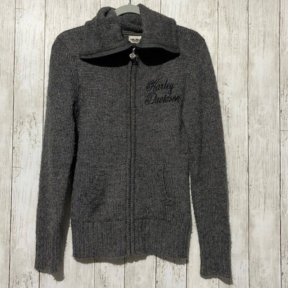 Harley Davidson Womens‎ Gray Knit Full Zip Cowl Neck Sweater Jacket